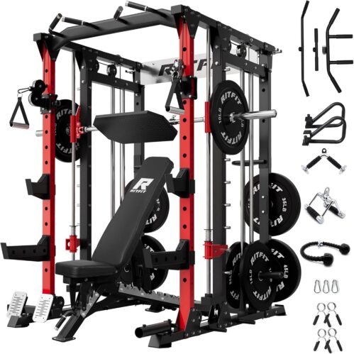 RitFit Buffalo Smith Machine, Power cage with LAT-Pull Down System & Cable Crossover System, All-in-One Squat Rack for Home Gym, Power Rack and Packages