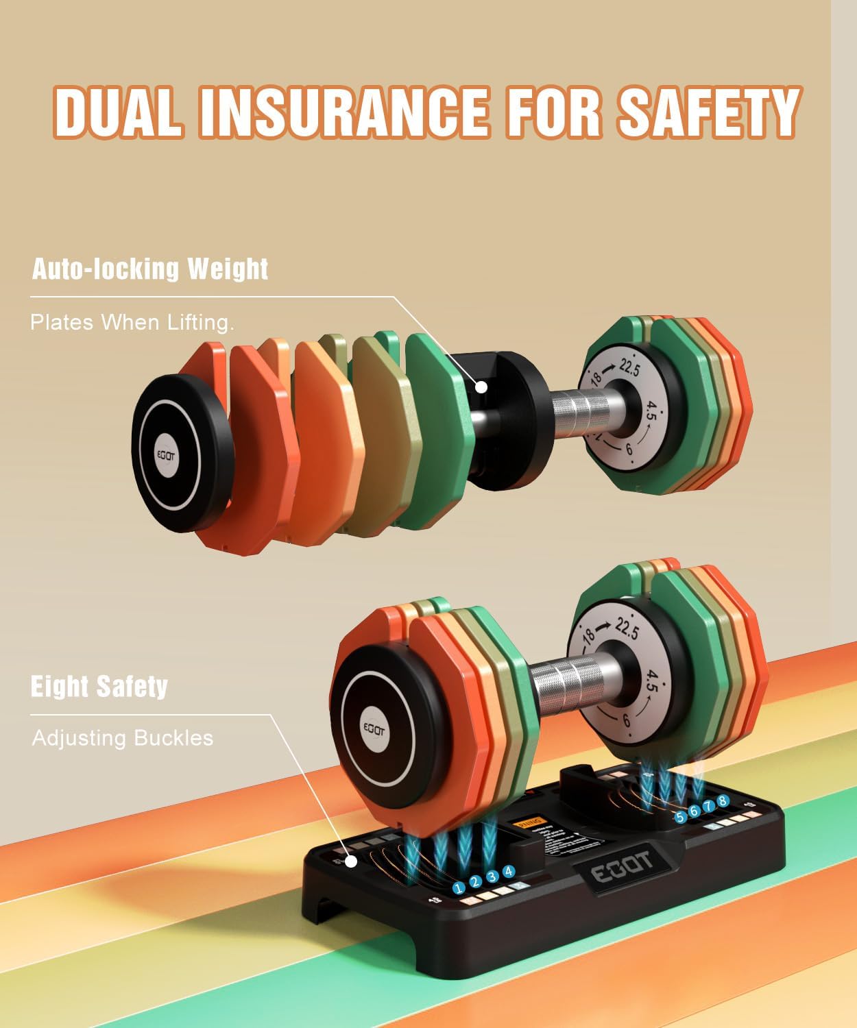 Adjustable Dumbbells Set/Single, 12.5LB/22.5LB/55LB 5 in 1 Free Adjustable Dumbbell Set with Anti-Slip Handle & Rainbow-colored Weight Plates for Home Gym, Weight Set for Women Men - Image 3