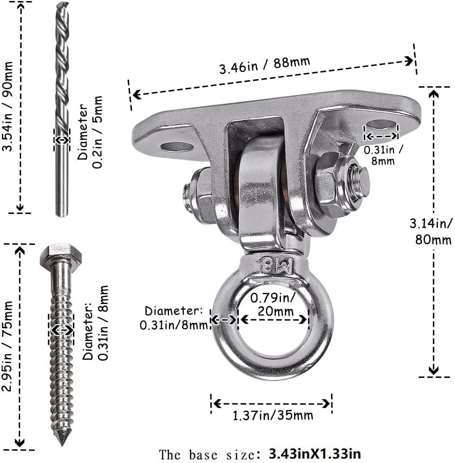 Stainless Steel Heavy Duty Swing Hanger with Smooth Swing Bearings, Heavy Duty 180°+360° Swivel Swing Hook, 1200 lb Capacity Playground Yoga Hammock Chair Rope Sandbag Porch Swing Bag Sleeve - Image 6