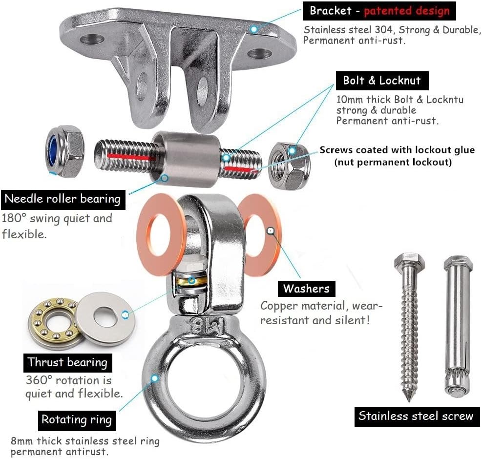 Stainless Steel Heavy Duty Swing Hanger with Smooth Swing Bearings, Heavy Duty 180°+360° Swivel Swing Hook, 1200 lb Capacity Playground Yoga Hammock Chair Rope Sandbag Porch Swing Bag Sleeve - Image 5
