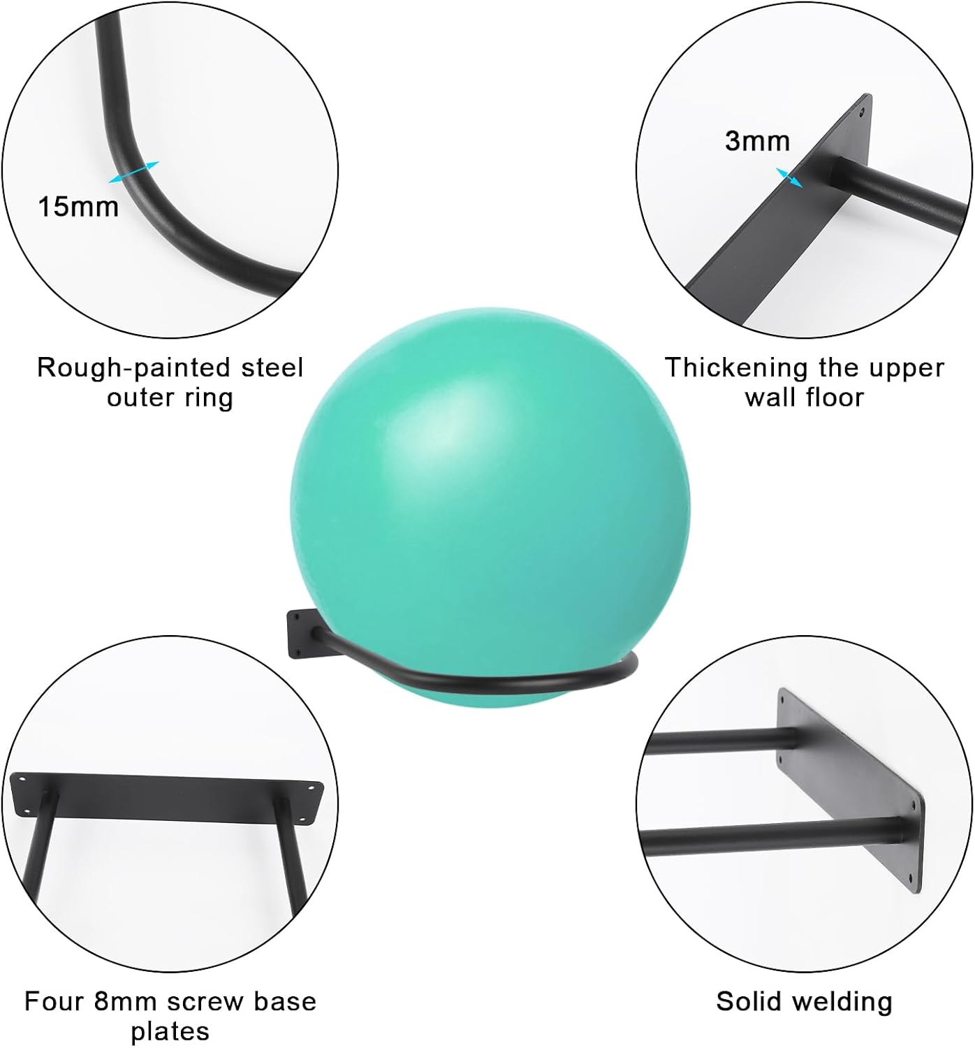Stability Ball Holder Wall Mount - Heavy Duty Exercise & Yoga Ball Storage Rack for Home, Yoga Studios, and Commercial Gyms - Space-Saving Design for Stability Balls up to 85cm(Black 1-Pack) - Image 6