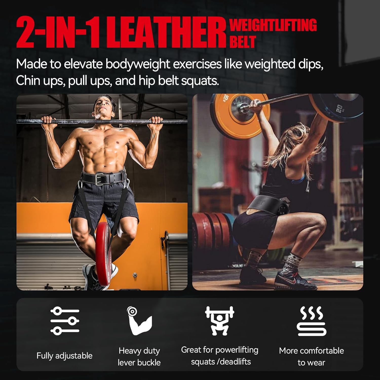 Jaffick Leather Weight lifting belt & 2-in-1 Dip Belt with Rope for Weightlifting Pull Up Gym Powerlifting Squat Bodybuilding Waist Support for Men Women - Image 3