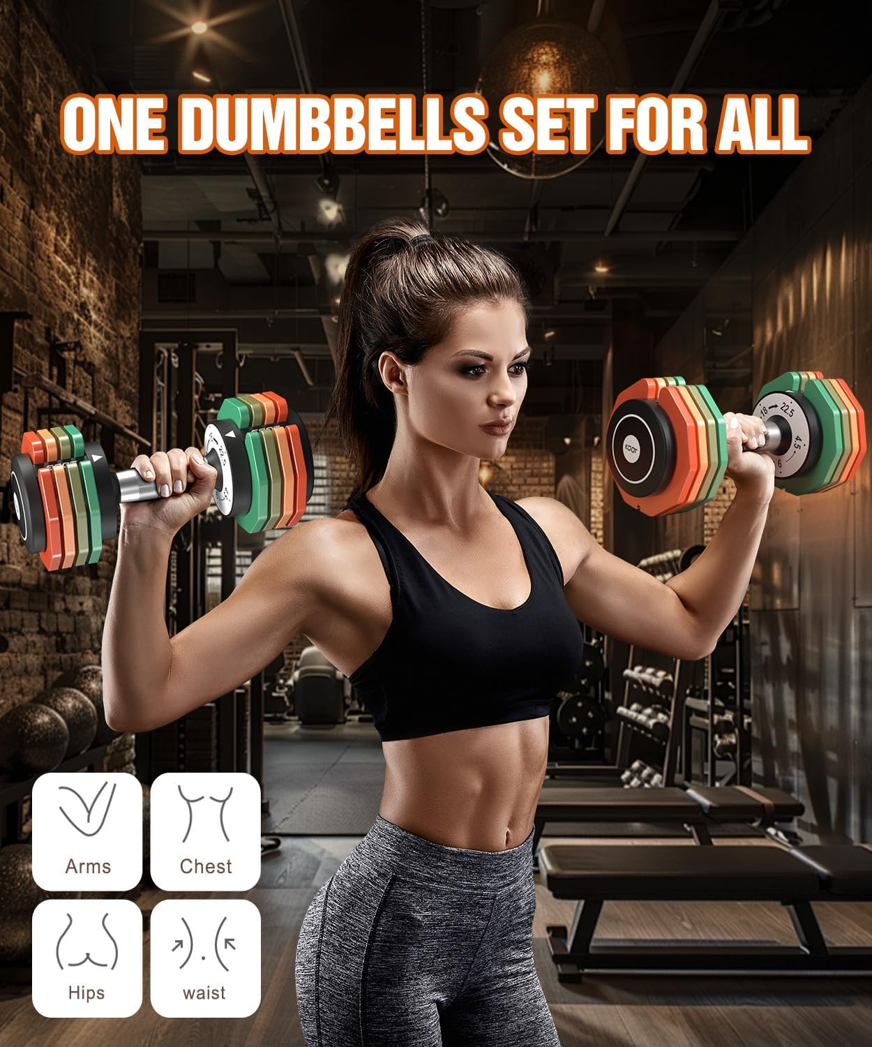Adjustable Dumbbells Set/Single, 12.5LB/22.5LB/55LB 5 in 1 Free Adjustable Dumbbell Set with Anti-Slip Handle & Rainbow-colored Weight Plates for Home Gym, Weight Set for Women Men - Image 7