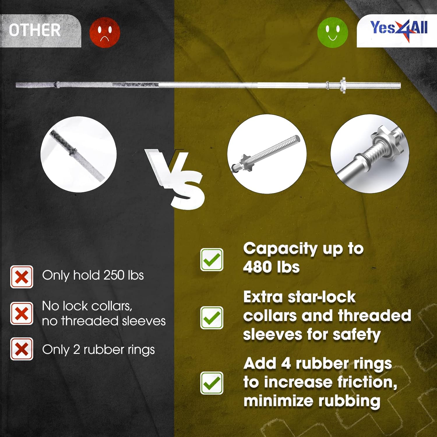 Yes4All 480LB Standard Straight Barbell 60" & EZ Curl Bar 47", Weight Bar 1" Diameter - Star Lock Collars & Rubber Ring for Deadlifts, Squats - Image 7