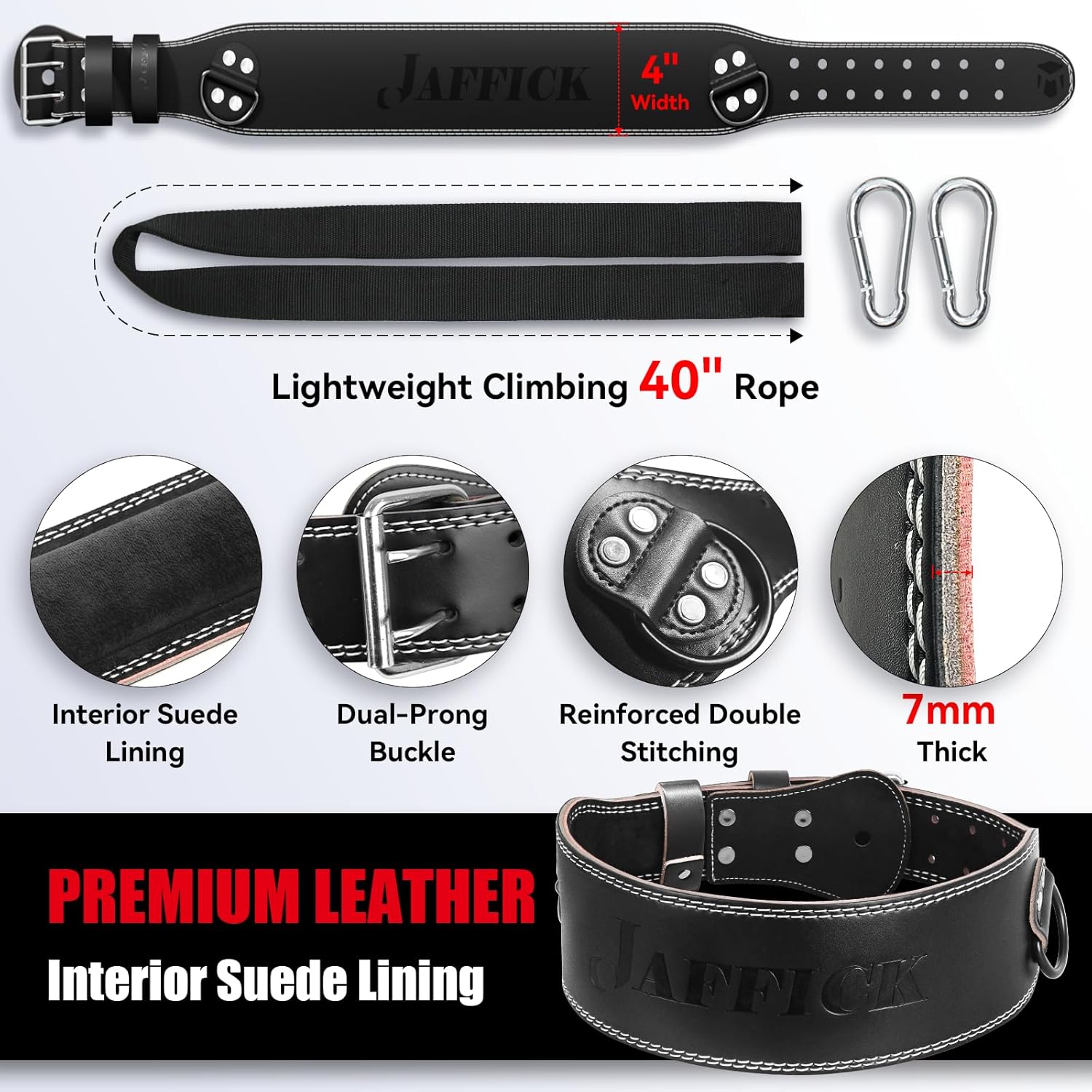 Jaffick Leather Weight lifting belt & 2-in-1 Dip Belt with Rope for Weightlifting Pull Up Gym Powerlifting Squat Bodybuilding Waist Support for Men Women - Image 4