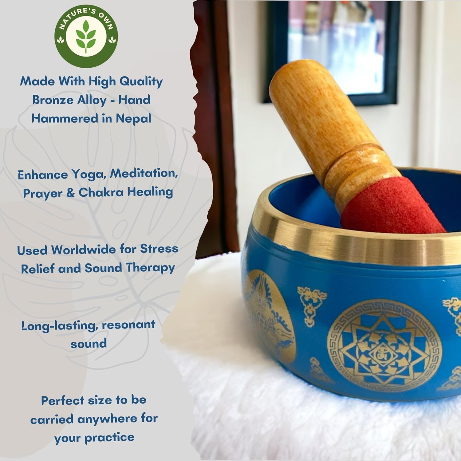 Nature's Own Tibetan Singing Bowl Set- Easy to Play- Meditation Sound Bowl Handcrafted in Nepal for Yoga, Mindfulness, Chakra Healing, Stress Relief- Spiritual Gifts for Women and Men (3.5 Inch, Blue) - Image 7