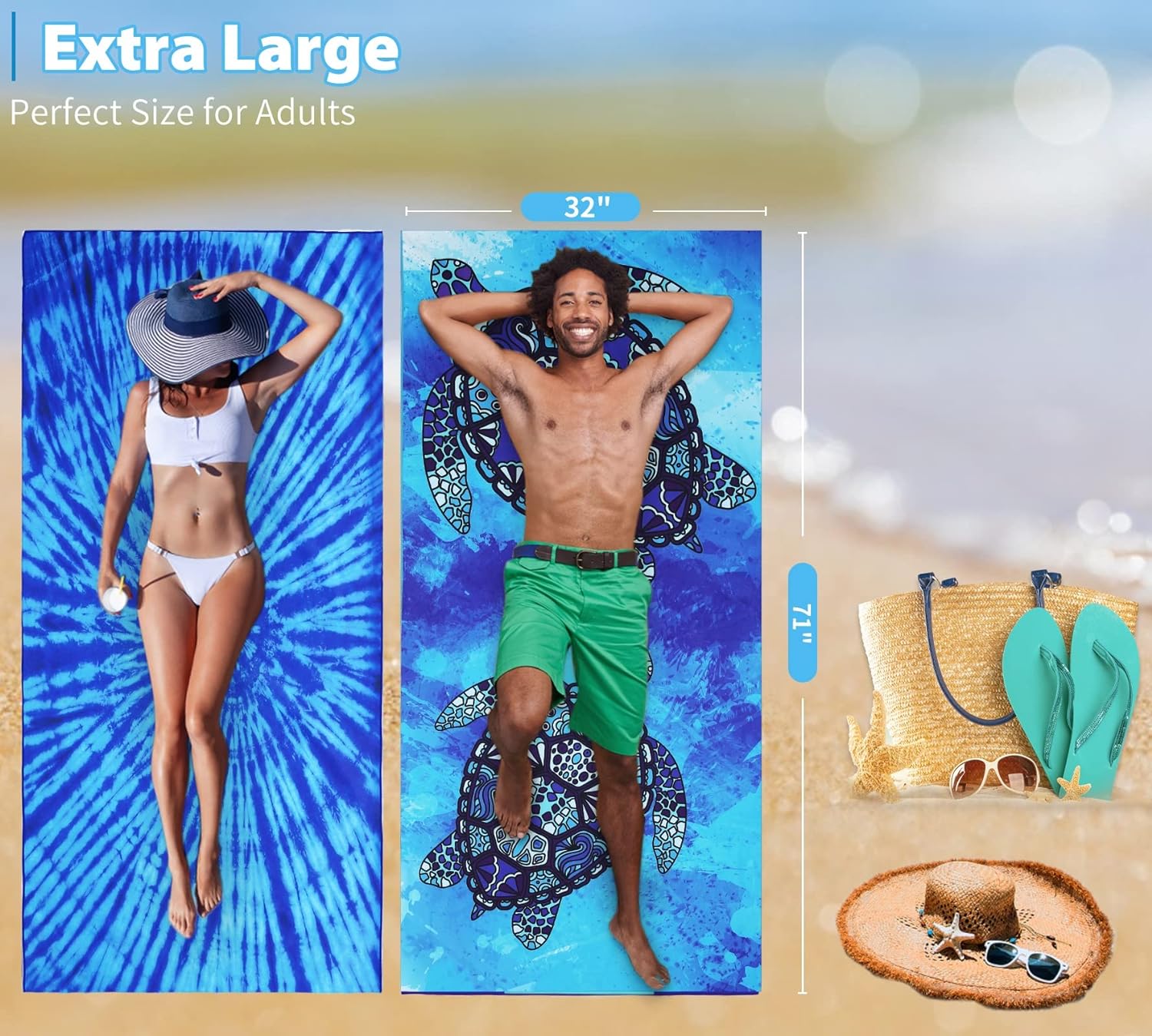 2 Pack Microfiber Thin Lightweight Beach Towel Oversized 71x32 Extra Large Sand Free Towels for Travel Swim Pool Yoga Gym Camping for Adults Women Men Beach Essentials Accessories Vacation Gift - Image 4