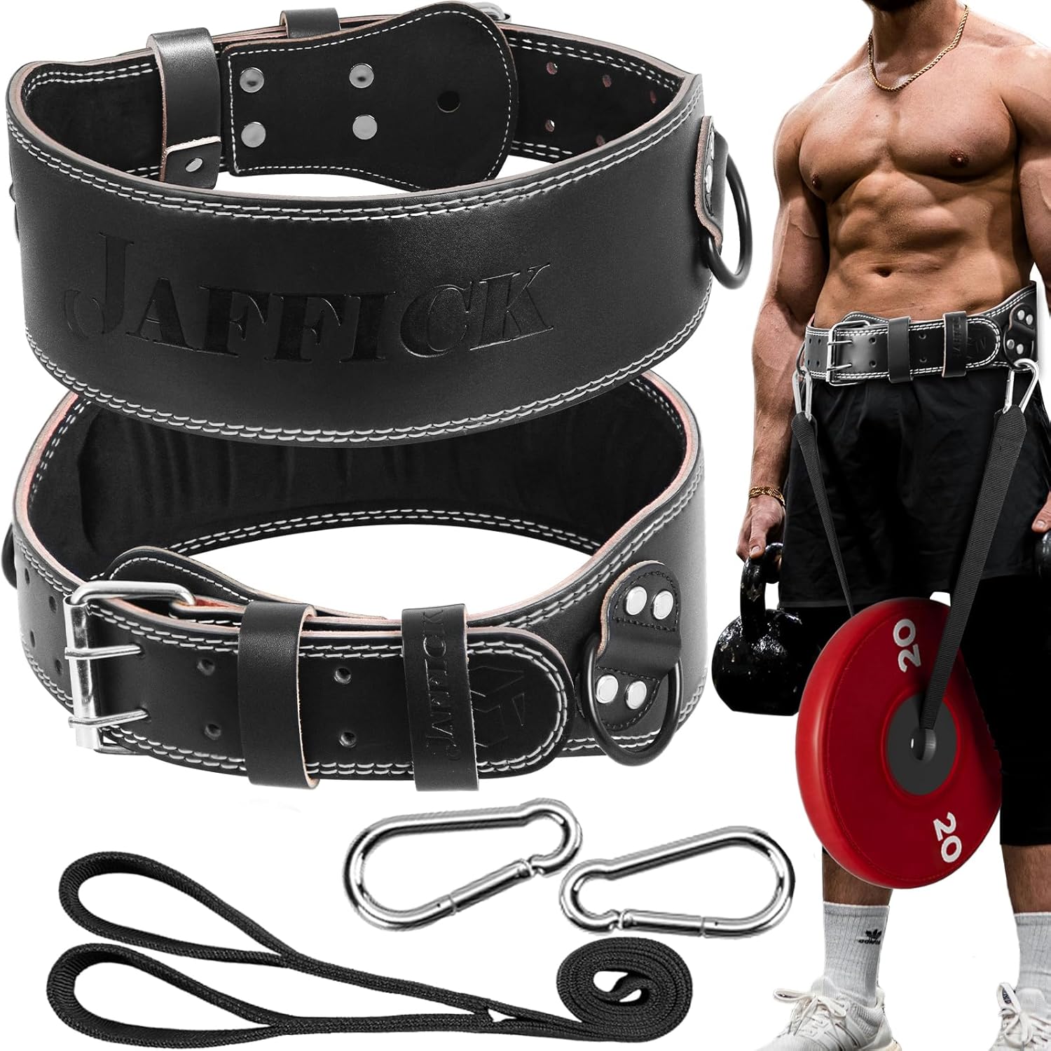 Jaffick Leather Weight lifting belt & 2-in-1 Dip Belt with Rope for Weightlifting Pull Up Gym Powerlifting Squat Bodybuilding Waist Support for Men Women - Image 2