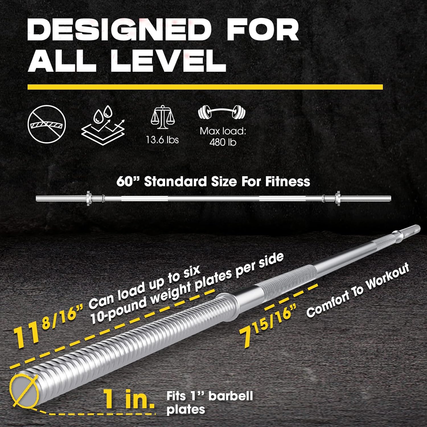Yes4All 480LB Standard Straight Barbell 60" & EZ Curl Bar 47", Weight Bar 1" Diameter - Star Lock Collars & Rubber Ring for Deadlifts, Squats - Image 3