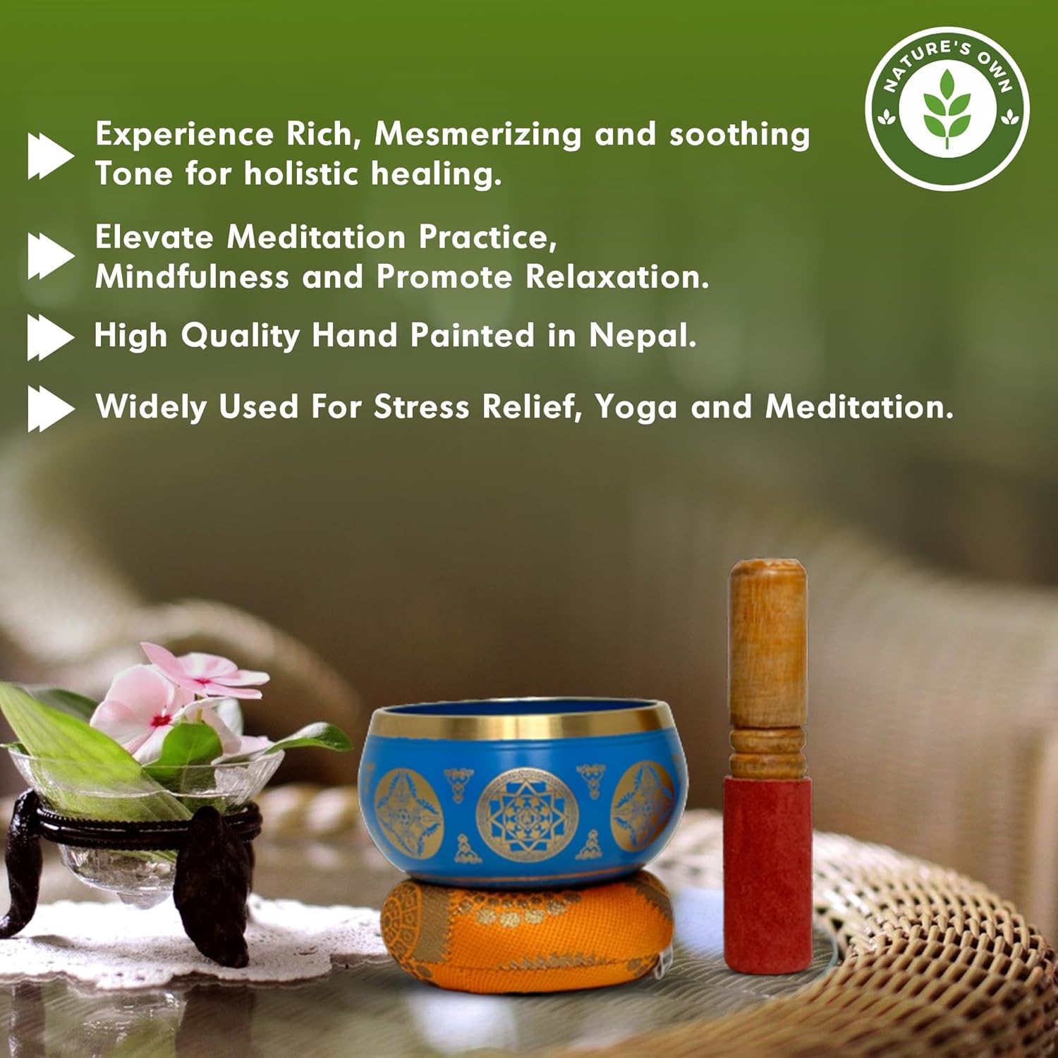 Nature's Own Tibetan Singing Bowl Set- Easy to Play- Meditation Sound Bowl Handcrafted in Nepal for Yoga, Mindfulness, Chakra Healing, Stress Relief- Spiritual Gifts for Women and Men (3.5 Inch, Blue) - Image 6